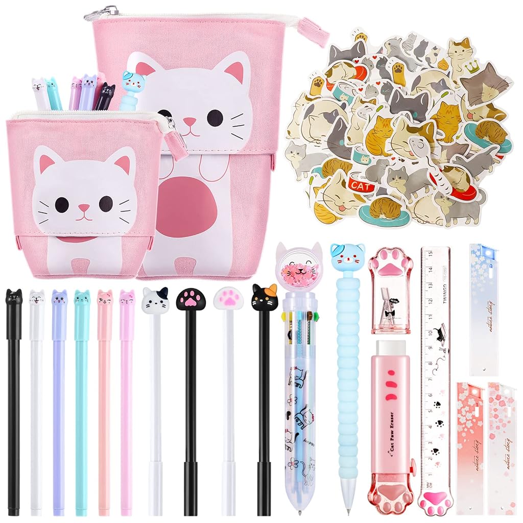 Climberty Cute Cat Stationery Set Kawaii Pop up Pencil Case with Gel Ink Pens, Multi-Color Click Pen, Mechanical Pencil & Refills, Pencil Pouch, Ruler, Eraser & DIY Stickers for Girls & Students Climberty Cute Cat Stationery Set Kawaii Pop up Pencil Case with Gel Ink Pens, Multi-Color Click Pen, Mechanical Pencil & Refills, Pencil Pouch, Ruler, Eraser & DIY Stickers for Girls & Students